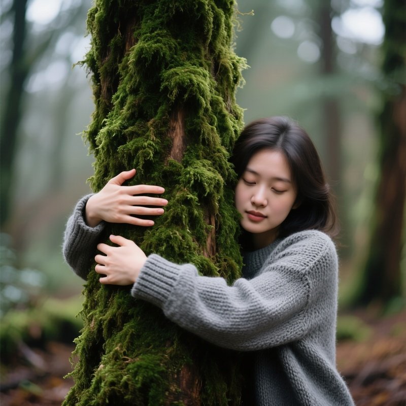 A Person Hugging A Moss Covered Tree Nature Environment