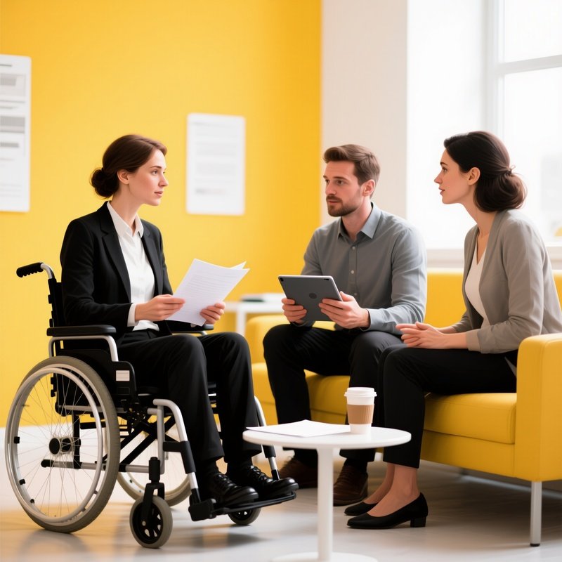 A Person In A Wheelchair Interacting With Two Standing