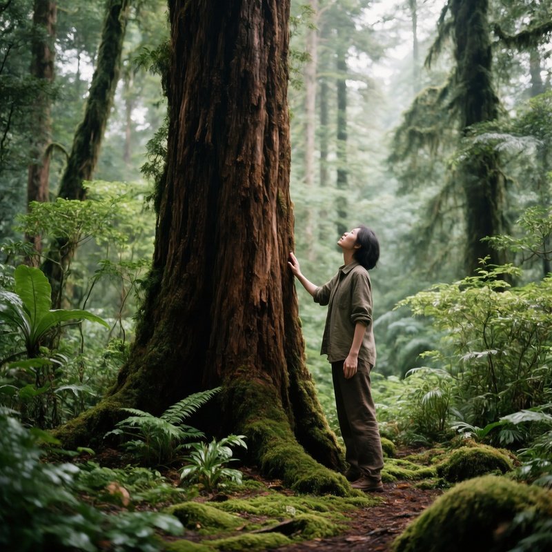 A Person Interacting With A Large Tree In A Forest Nature Forest