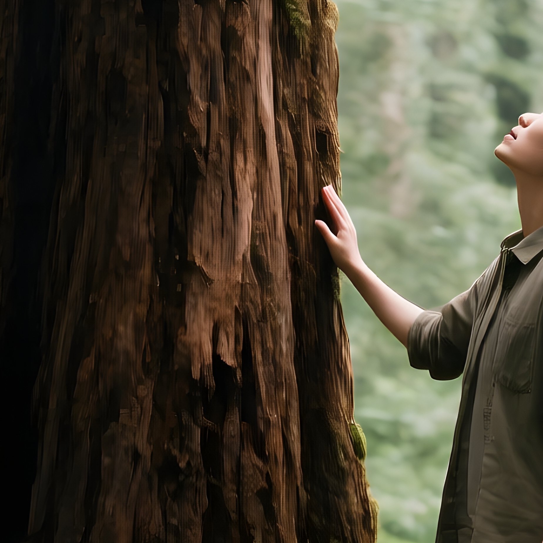 A Person Interacting With A Large Tree In A Forest Nature Forest - Full Resolution Quality Preview