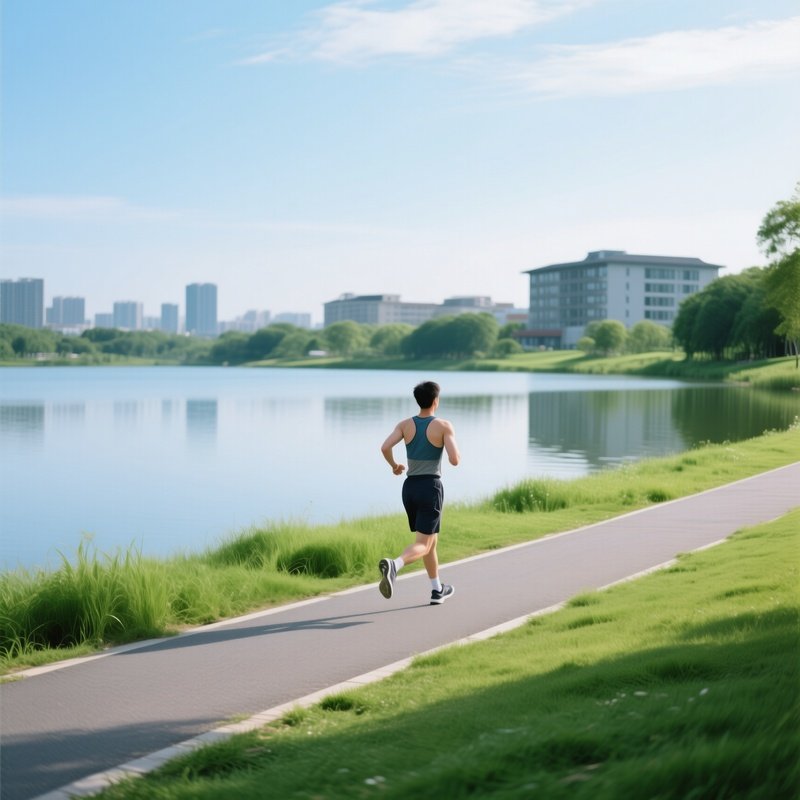 A Person Jogging Along A Lakeside Path Jogging Lake