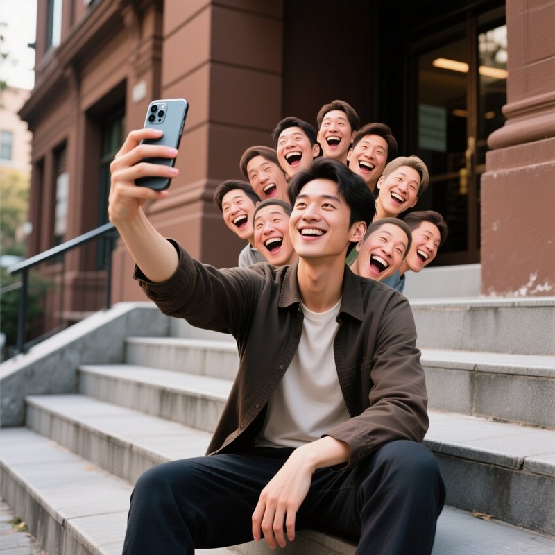 A Person Taking A Selfie With Superimposed Faces Selfie Digital