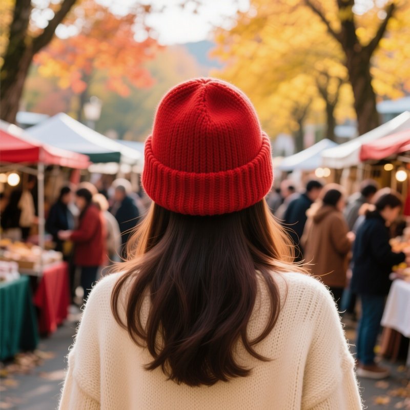 A Person Viewed From Behind Wearing A Red Beanie Autumn Market
