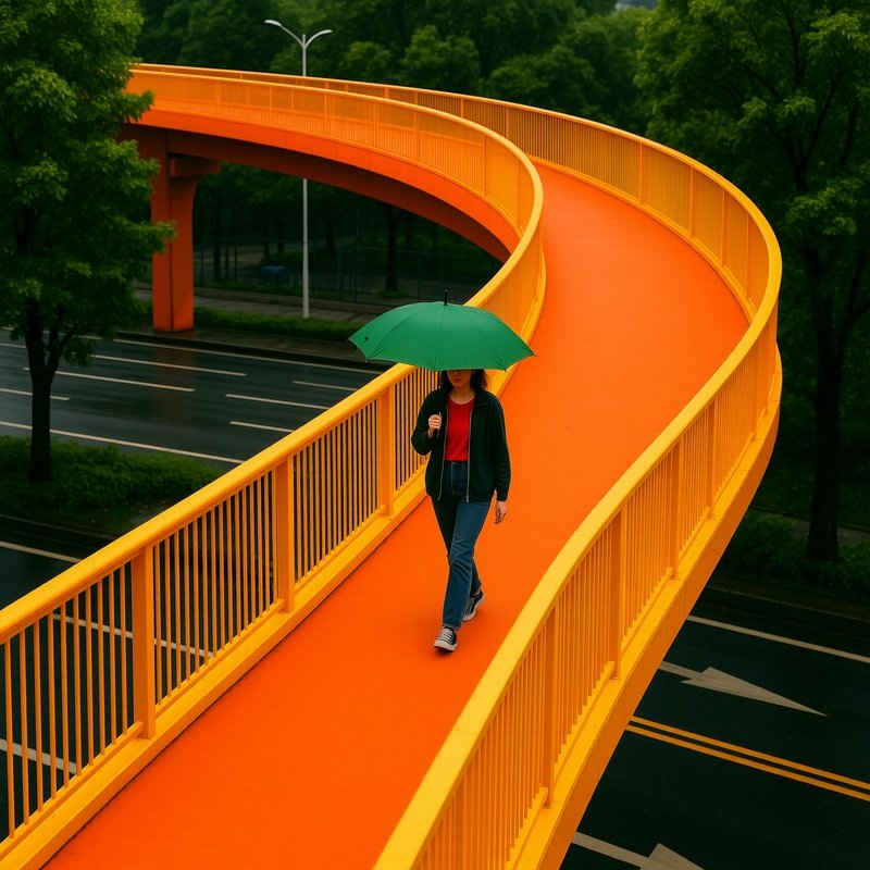 A Person Walking On A Colorful Pedestrian Bridge Pedestrian Bridge