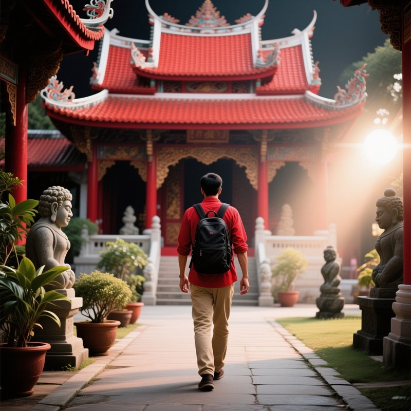 A Person Walking Towards A Traditional Temple Travel Temple