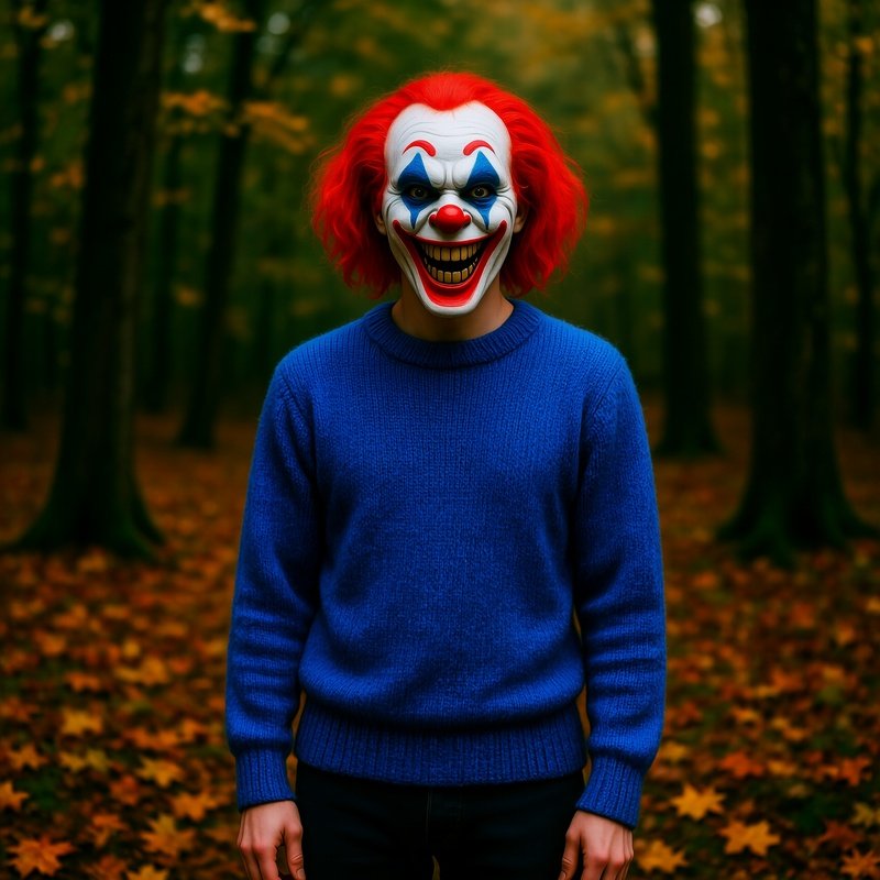 A Person Wearing A Clown Mask In A Forest Setting Clown Mask
