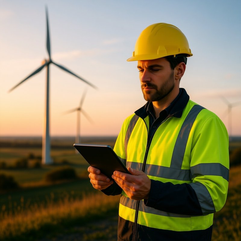 A Person Wearing A Hard Hat And Holding A Tablet Wind Energy