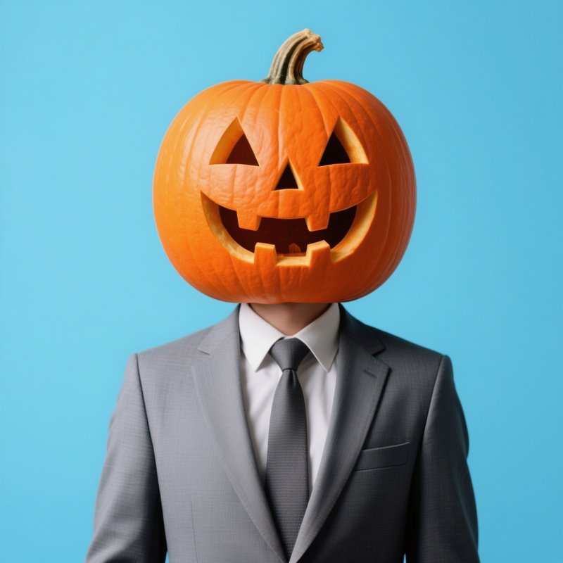 A Person Wearing A Suit With A Carved Pumpkin As Their Head