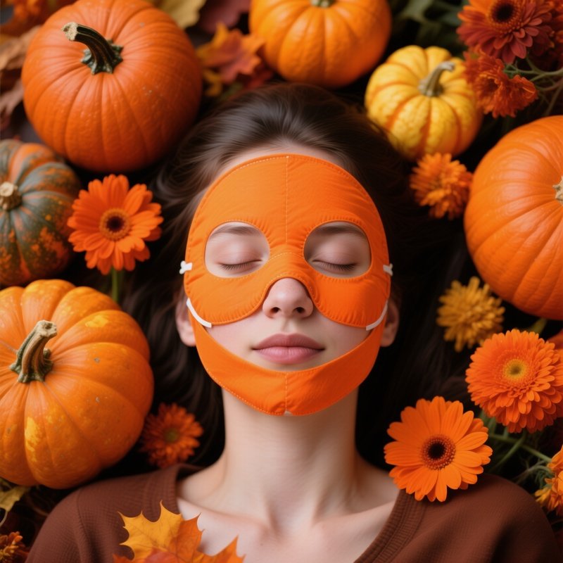 A Person Wearing An Orange Facial Mask Autumn Facial Mask