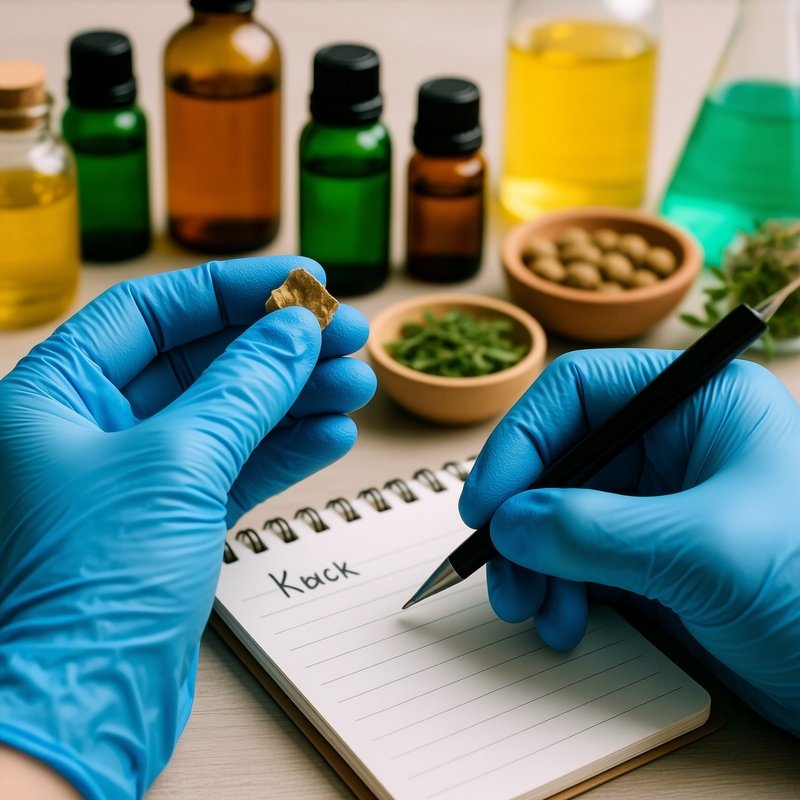 A Person Wearing Blue Gloves Examining And Writing About Various