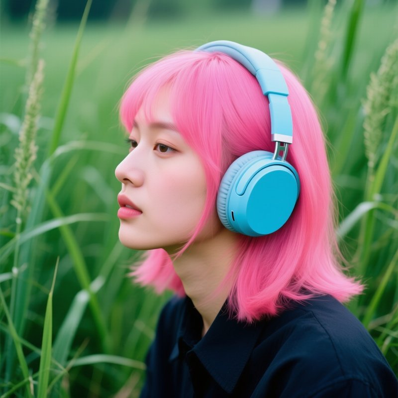 A Person With Pink Hair Wearing Headphones Pink Hair Headphones