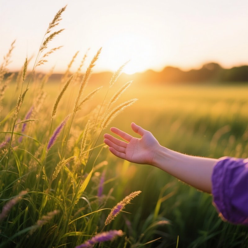 A Persons Hand Reaching Out To Touch Grass Nature Sunset