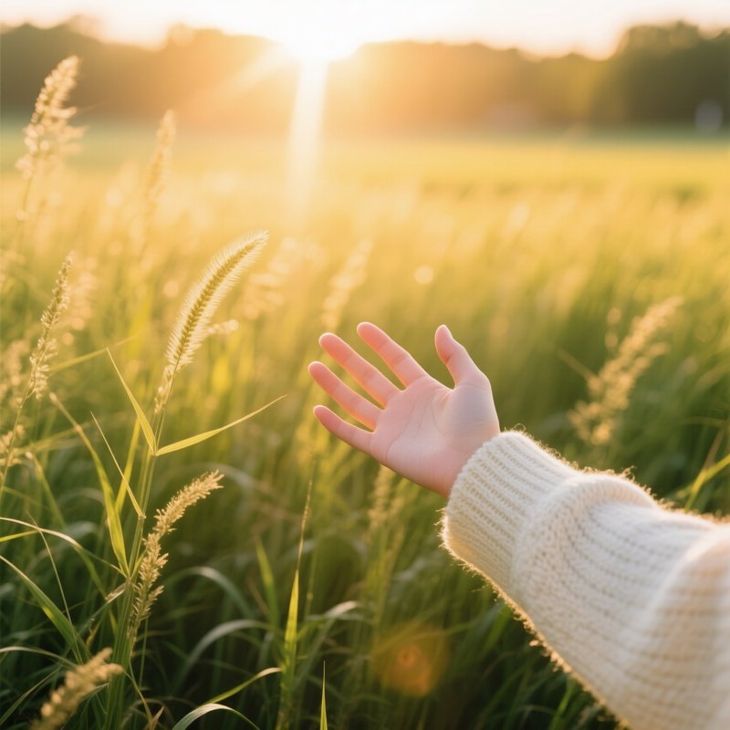 A Persons Hand Reaching Out Towards A Field Of Grass Sunset Nature