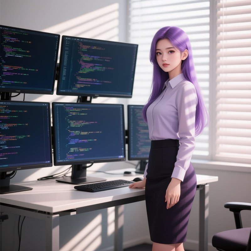 A Petite Businesswoman With Long Lavender Hair Stands Beside A Standing Desk Covered In Multiple