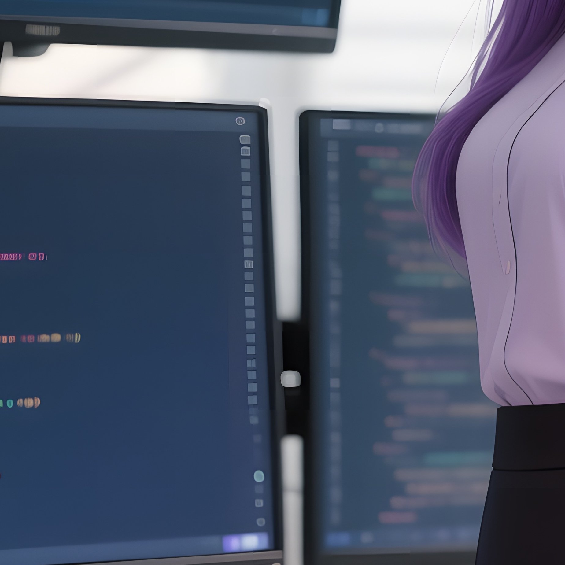 A Petite Businesswoman With Long Lavender Hair Stands Beside A Standing Desk Covered In Multiple - Full Resolution Quality Preview