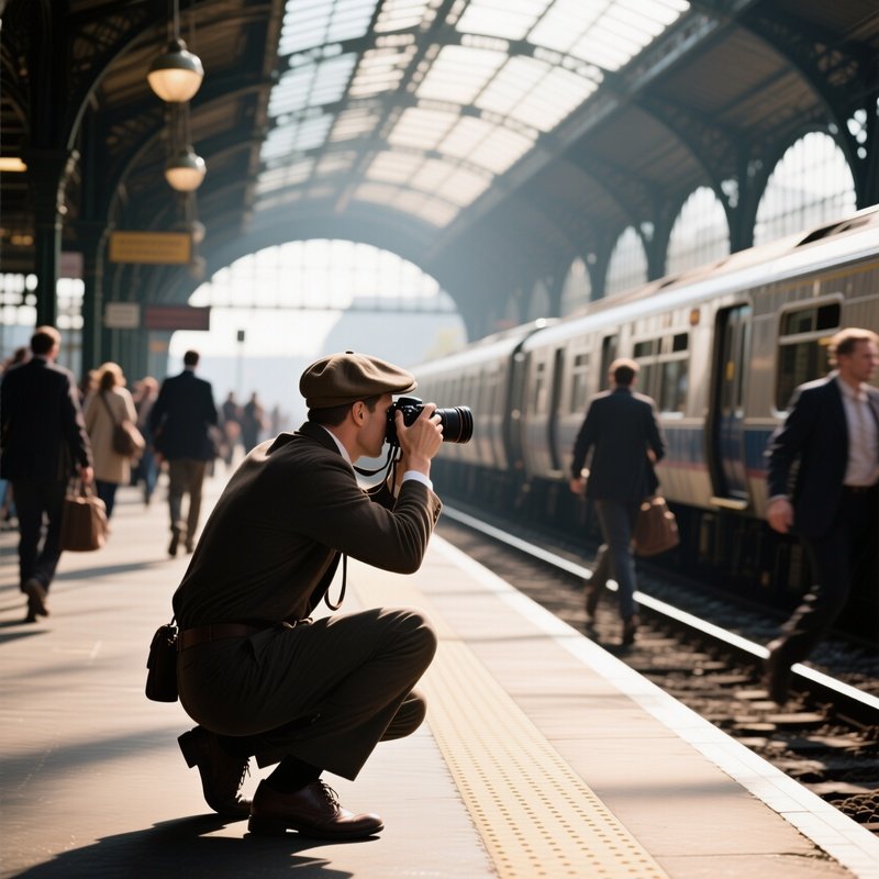 A Photographer In A Vintage Newsboy Cap Crouches On A Bustling Train Platform, Capturing Commuters