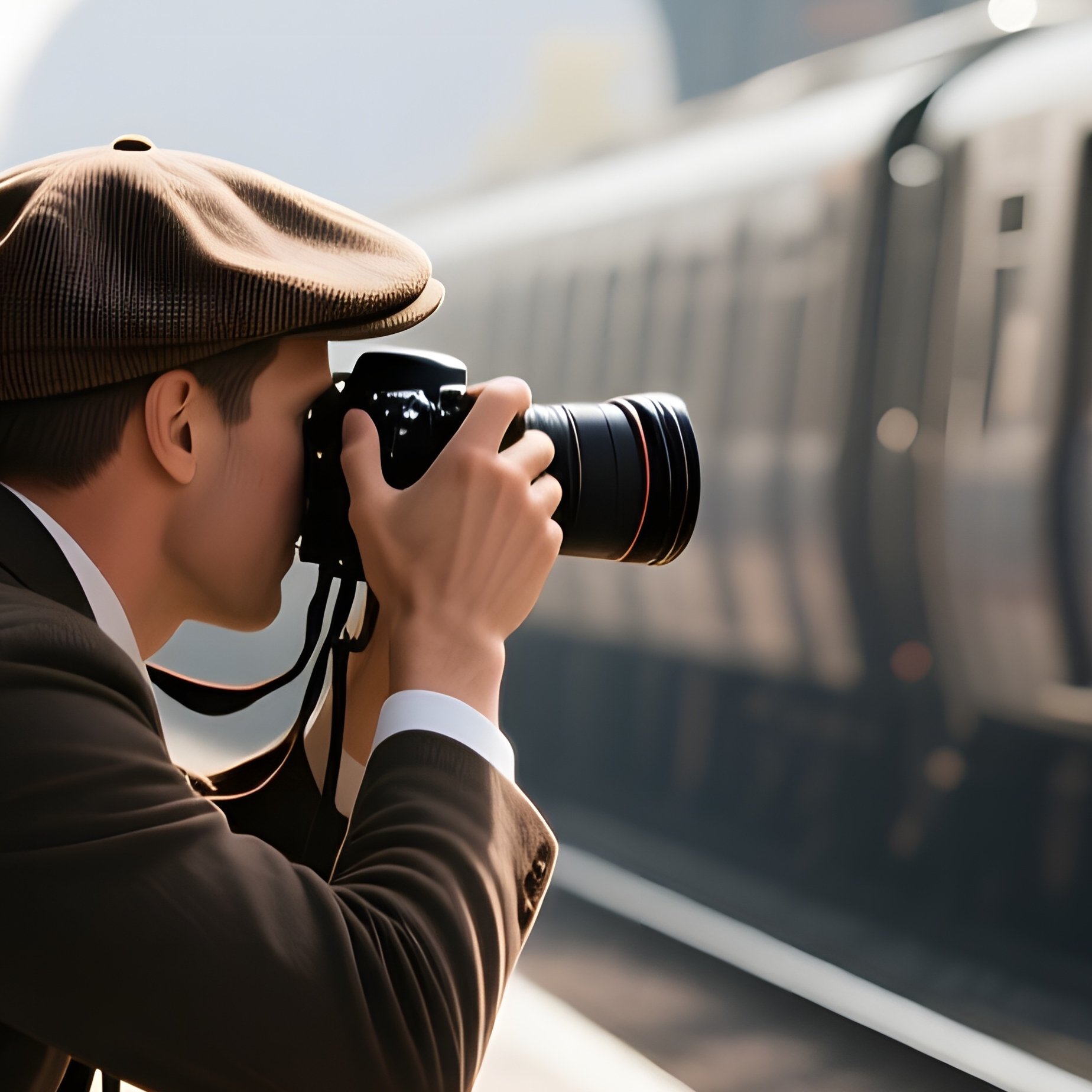 A Photographer In A Vintage Newsboy Cap Crouches On A Bustling Train Platform, Capturing Commuters - Full Resolution Quality Preview