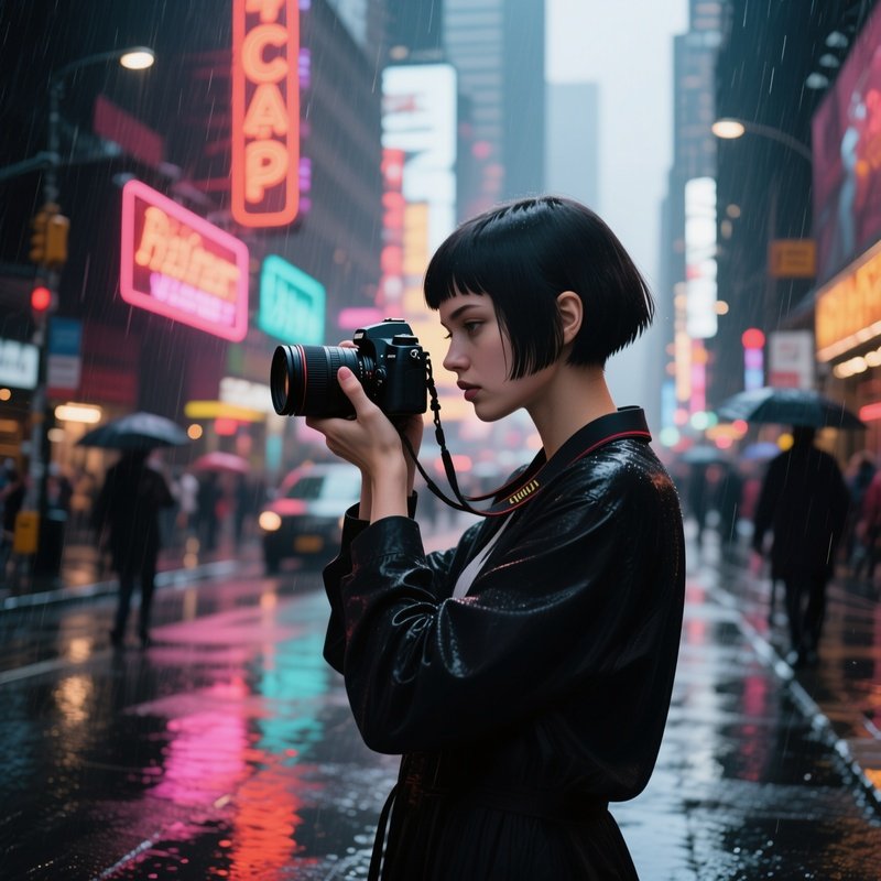 A Photographer With A Sleek Pixie Cut Adjusts Her Camera On A Bustling City Street, Neon Signs