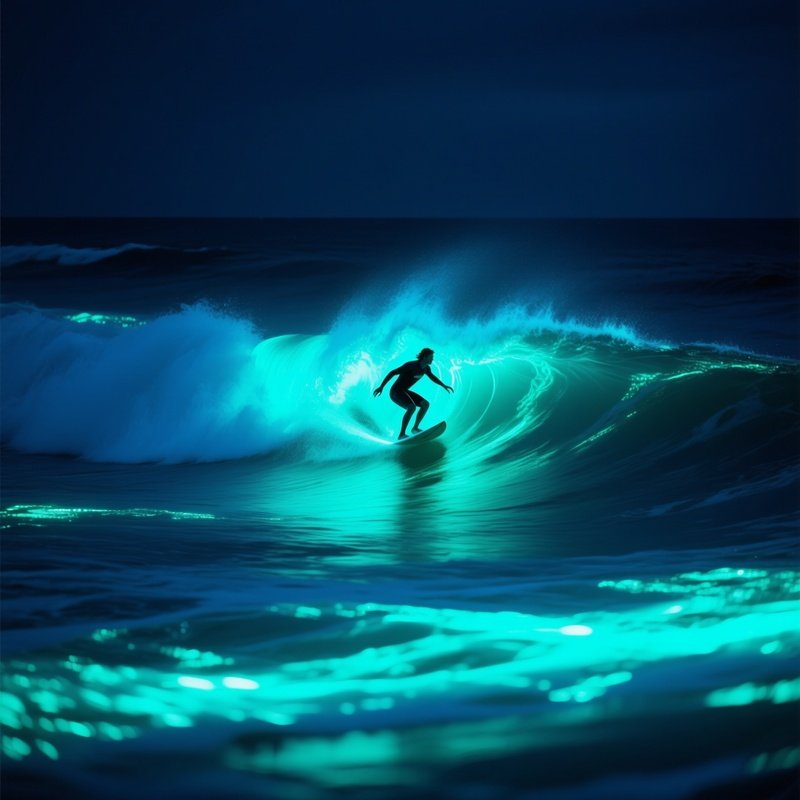 A Photographic Artwork Of A Surfing Scene On A Bioluminescent Ocean At Midnight