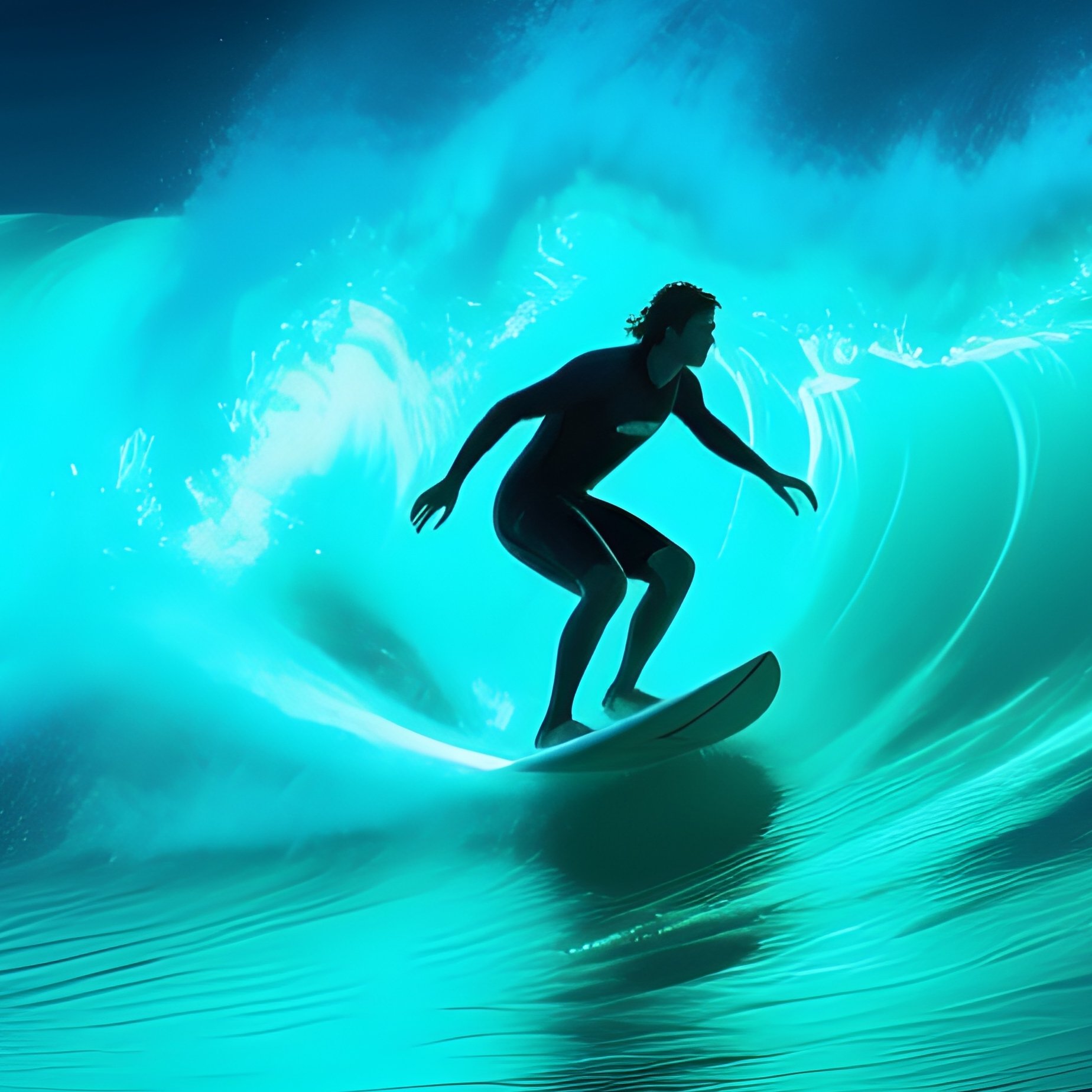A Photographic Artwork Of A Surfing Scene On A Bioluminescent Ocean At Midnight - Full Resolution Quality Preview