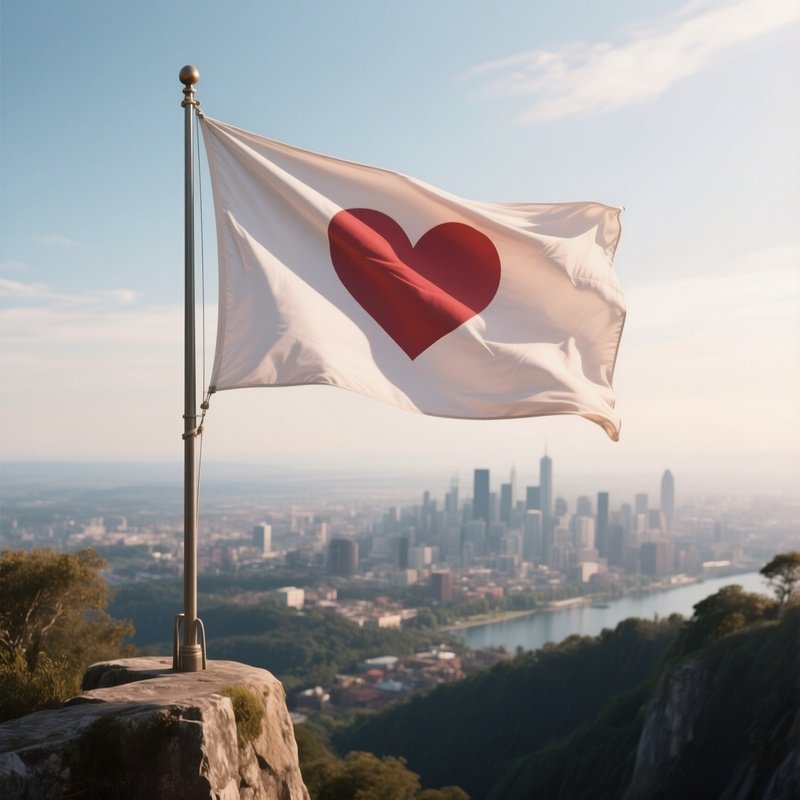 A Photorealistic Abro Romantic Flag Waving Near A Scenic Overlook Above The City.