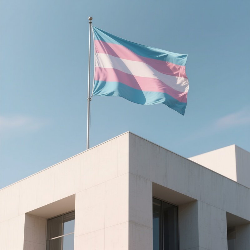 A Photorealistic Agender Flag Rising Above A Minimalist Architectural Structure.