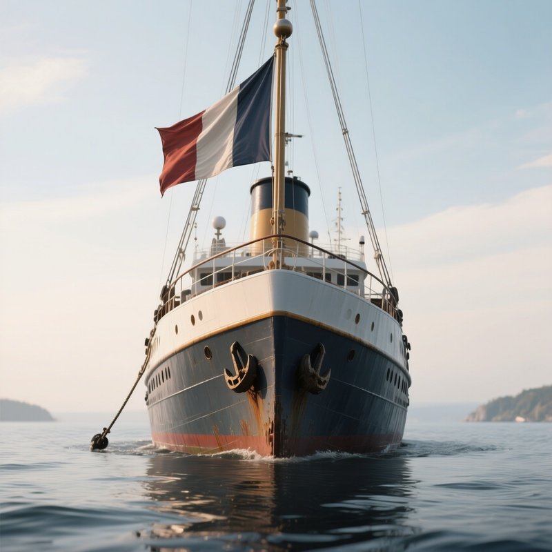 A Photorealistic Anchored Ship With Its Stern Flag Swaying Gently In Peaceful Waters.