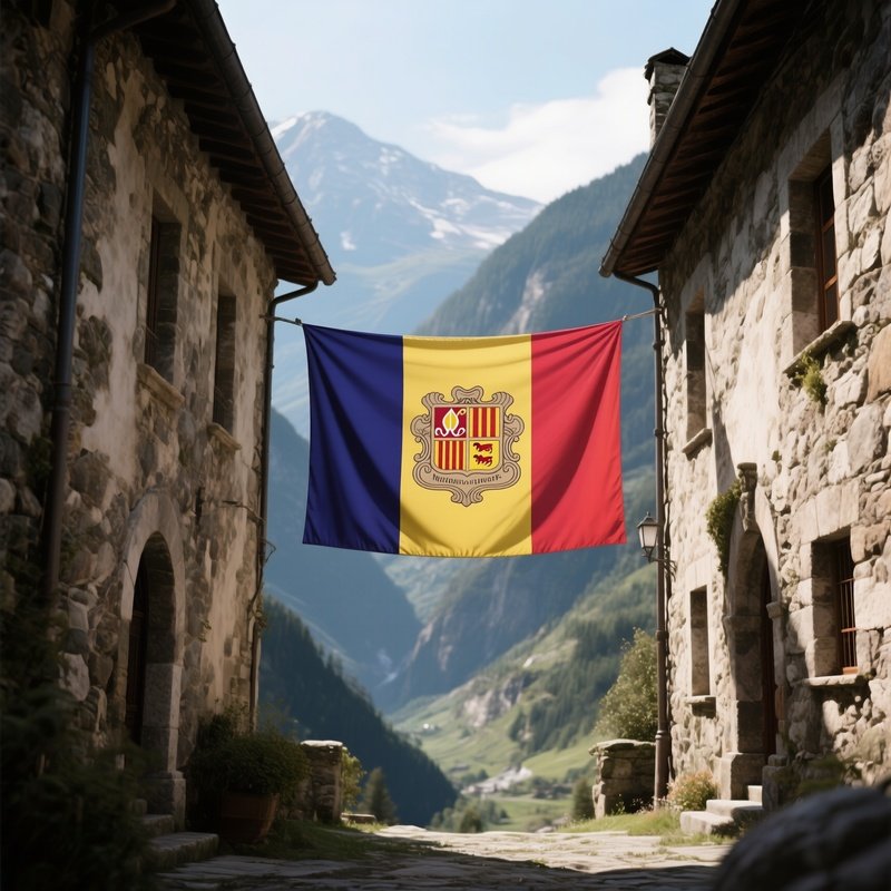 A Photorealistic Andorran Flag Hanging Between Two Historic Stone Buildings In A Mountain Valley.