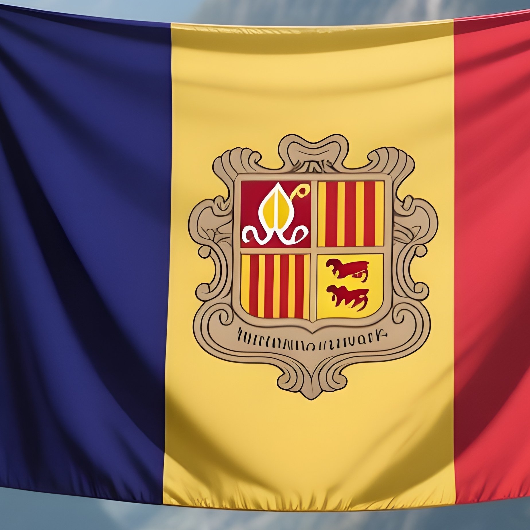 A Photorealistic Andorran Flag Hanging Between Two Historic Stone Buildings In A Mountain Valley. - Full Resolution Quality Preview