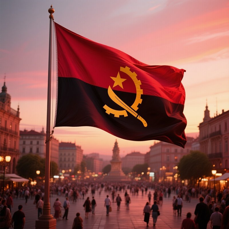 A Photorealistic Angolan Flag Waving Above A Busy Plaza With Warm Red Evening Tones.