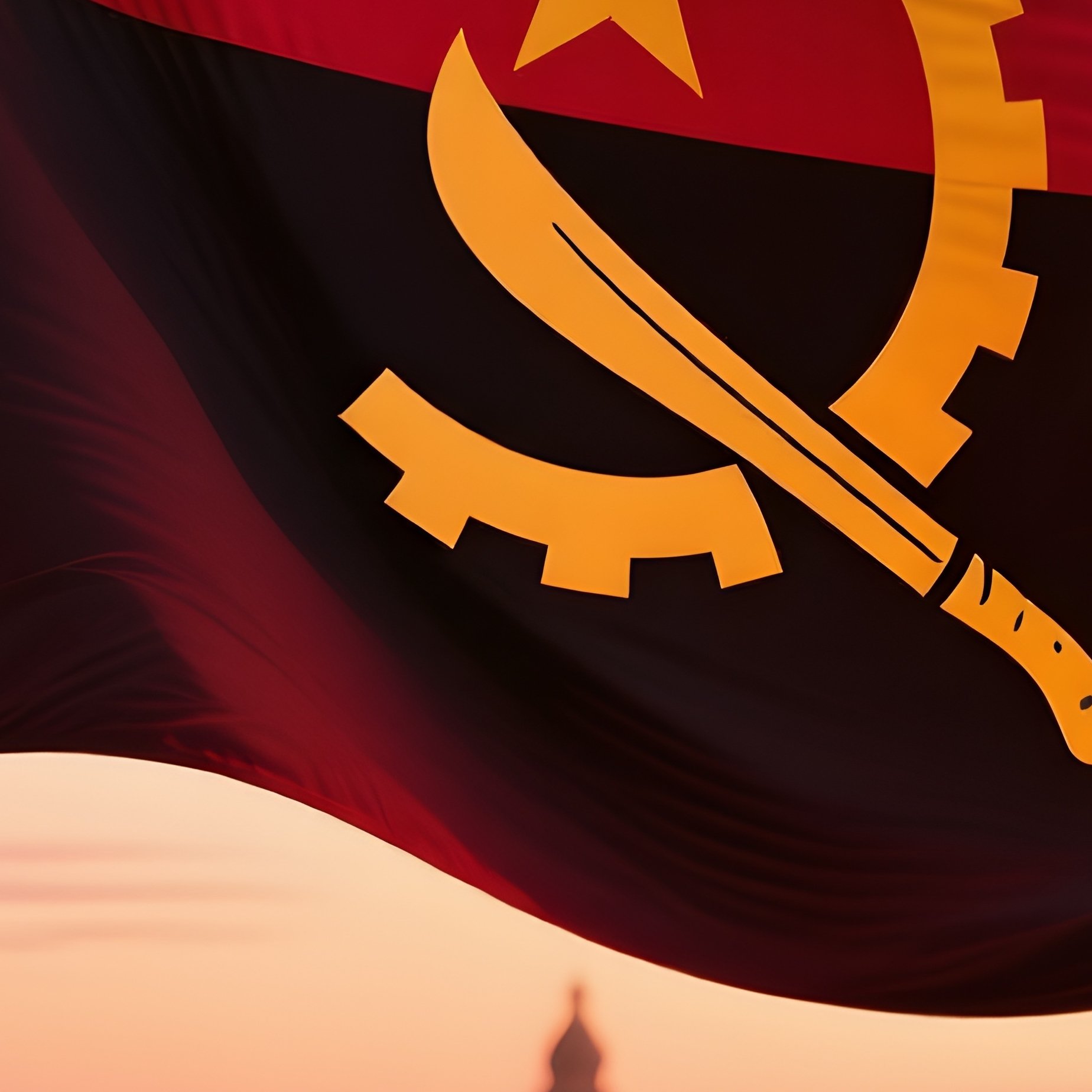 A Photorealistic Angolan Flag Waving Above A Busy Plaza With Warm Red Evening Tones. - Full Resolution Quality Preview