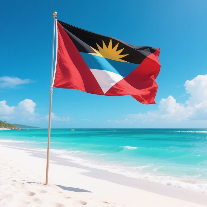 A Photorealistic Antiguan Flag Blowing Above A White Sand Beach With Turquoise Waters Below.