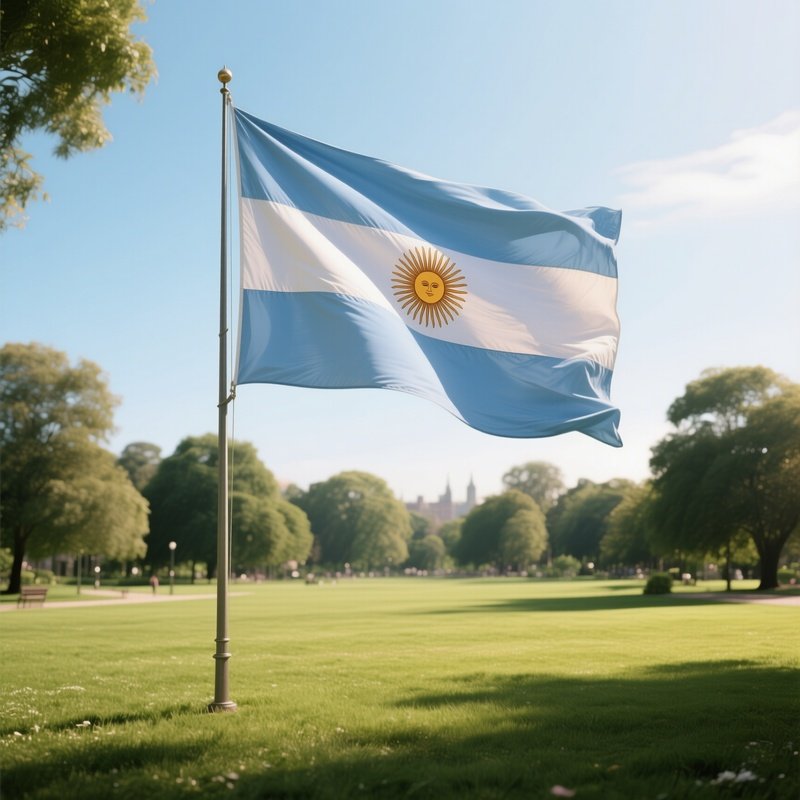 A Photorealistic Argentine Flag Waving Over A Wide Grassy Park In Crisp Afternoon Light.