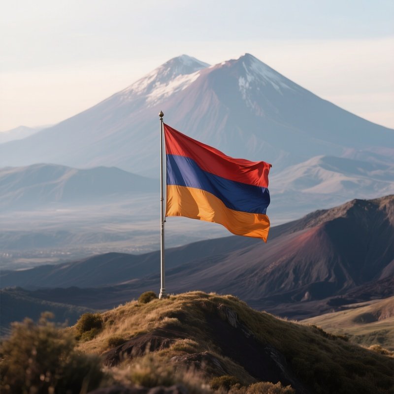 A Photorealistic Armenian Flag Fluttering Atop A Hill With Volcanic Peaks In The Distance.