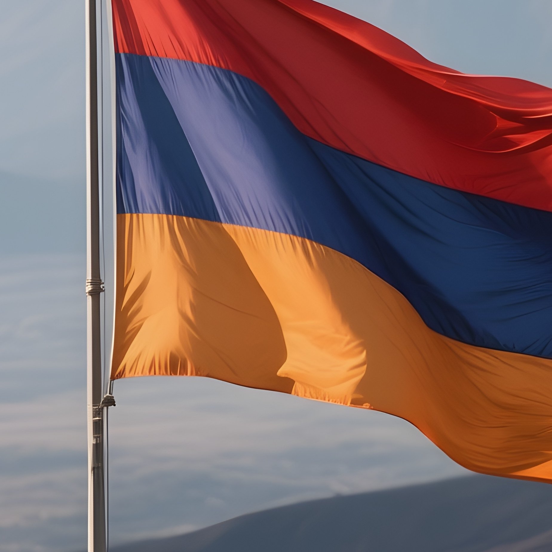 A Photorealistic Armenian Flag Fluttering Atop A Hill With Volcanic Peaks In The Distance. - Full Resolution Quality Preview