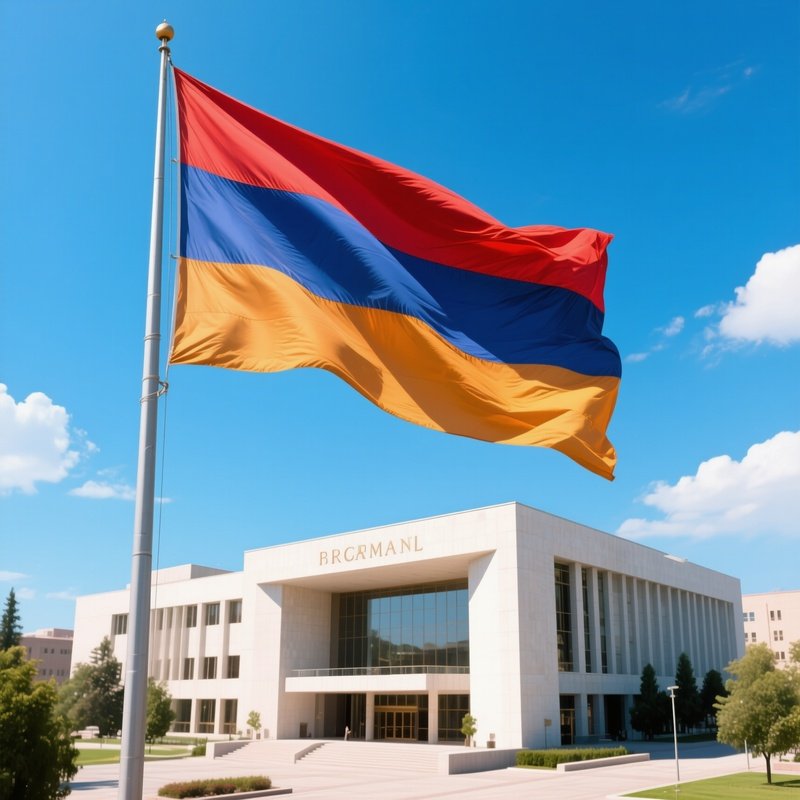 A Photorealistic Armenian Flag Flying Above A Modern Civic Center On A Clear Sunny Day.