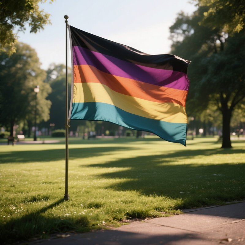 A Photorealistic Aromantic Flag Waving Near A Grassy Park With Long Afternoon Shadows.