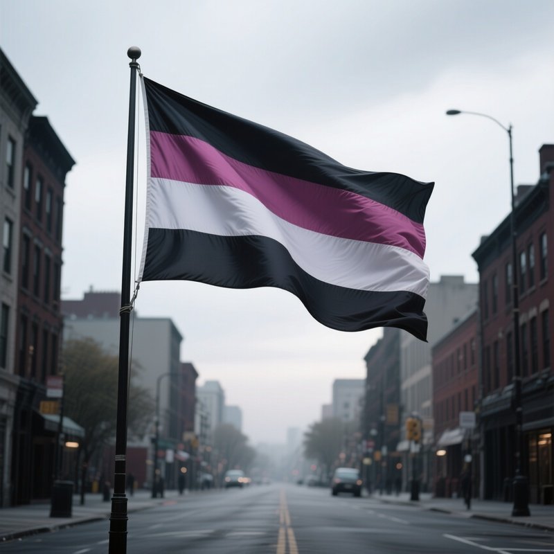 A Photorealistic Asexual Flag Fluttering Against A Cool Grey Sky Over A Quiet City Street.