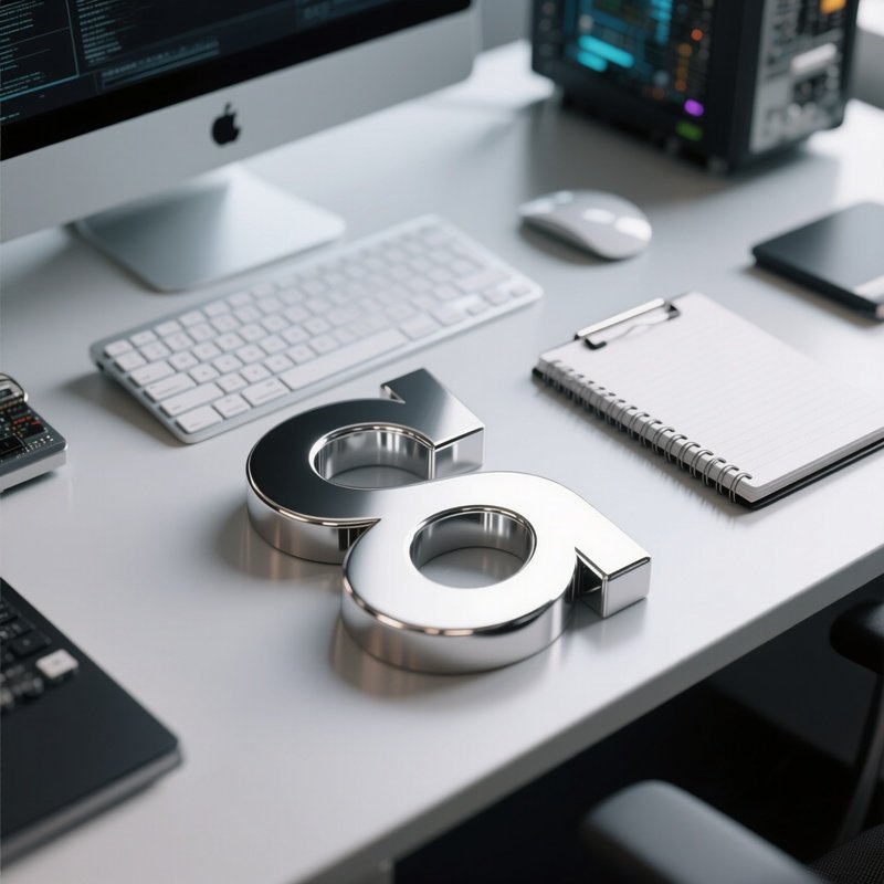 A Photorealistic At Symbol Crafted From Polished Aluminum Placed Beside A Keyboard And Notepad On A Tech Office Desk.