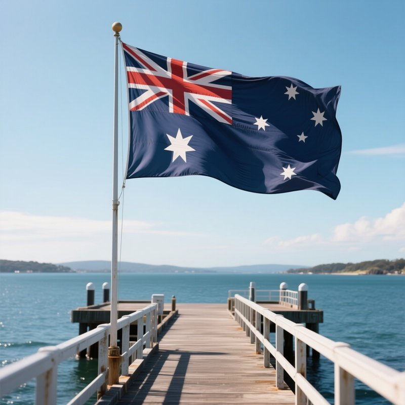A Photorealistic Australian Flag Waving At The End Of A Pier Overlooking A Vast Bay.