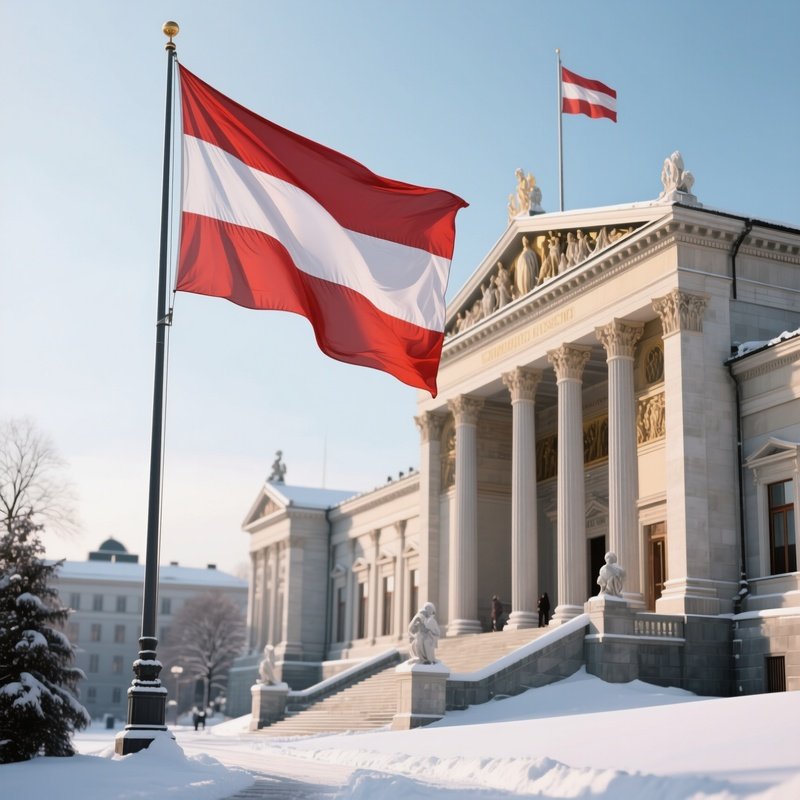 A Photorealistic Austrian Flag Fluttering Beside A Classical Parliament Building In Crisp Winter Air.