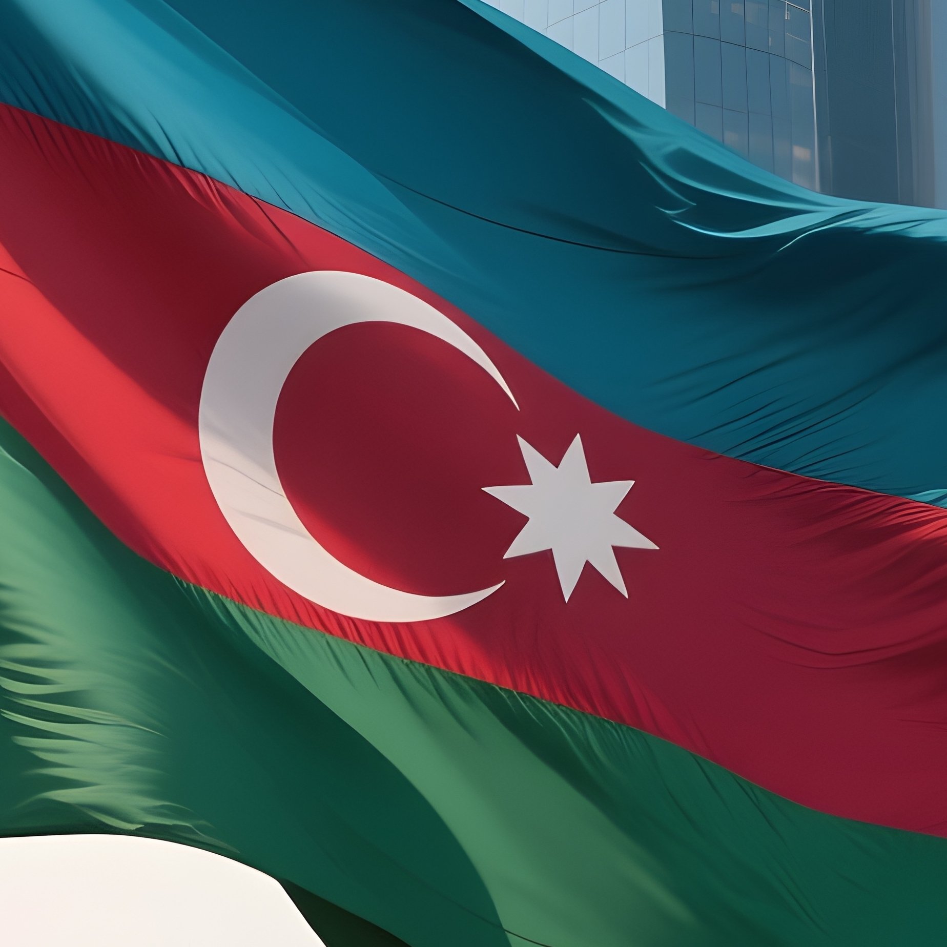 A Photorealistic Azerbaijani Flag Fluttering Near A Dramatic Skyline Of Modern Glass Towers. - Full Resolution Quality Preview