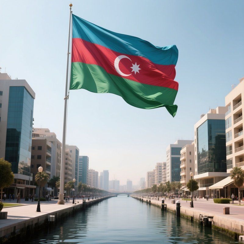 A Photorealistic Azerbaijani Flag Rising Above A Waterfront Boulevard Lined With Modern Buildings.