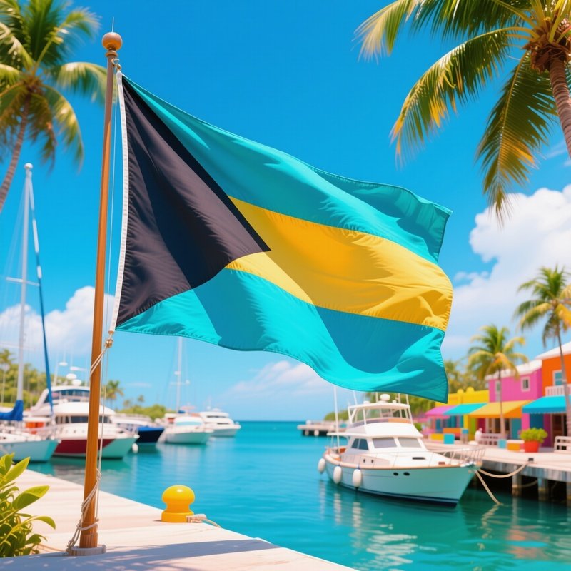 A Photorealistic Bahamian Flag Waving Beside A Colorful Tropical Marina.