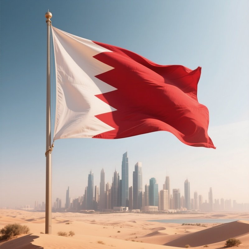A Photorealistic Bahraini Flag Moving Gently Above A Desert City Skyline.