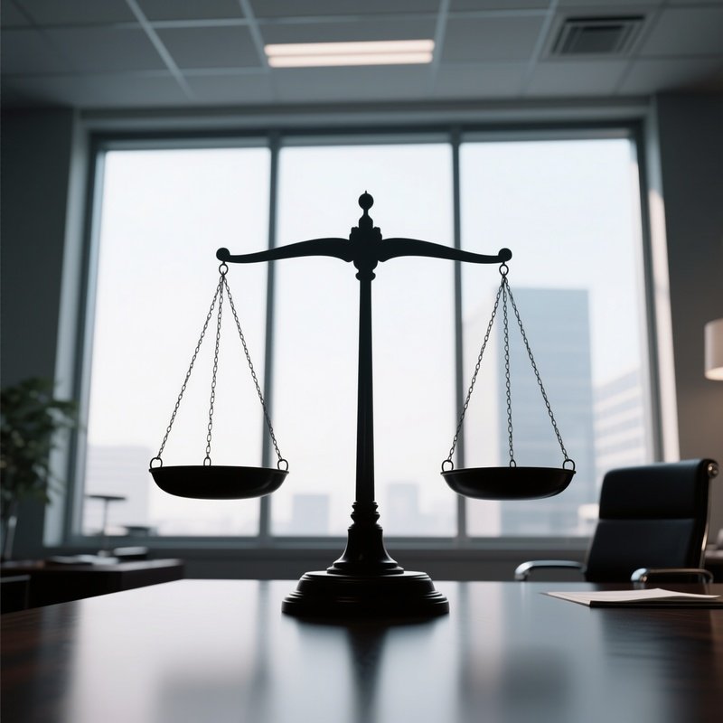 A Photorealistic Balance Scale Silhouetted Against A Large Window In A Modern Law Office.