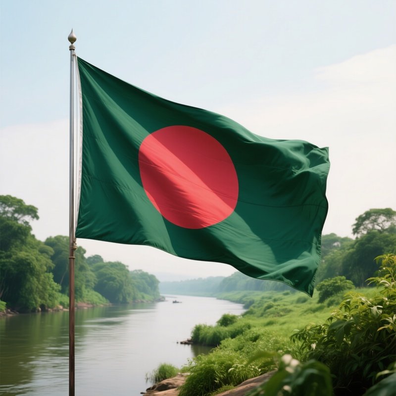 A Photorealistic Bangladeshi Flag Fluttering Beside A Lush Green Riverside.