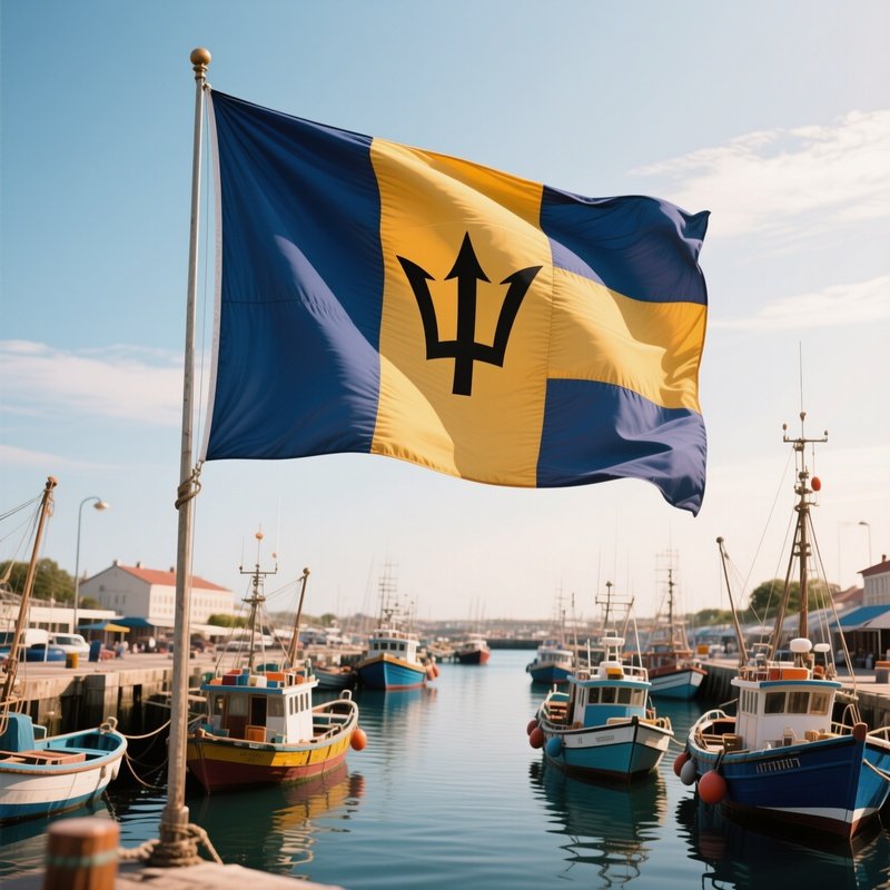 A Photorealistic Barbadian Flag Waving Above A Harbor Filled With Fishing Boats.