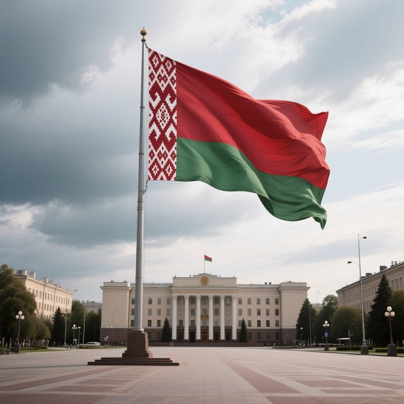 A Photorealistic Belarusian Flag Rising Over A Wide Government Square Under Cloudy Skies.