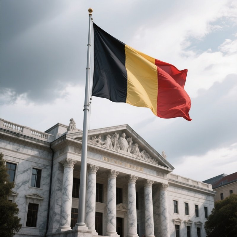A Photorealistic Belgian Flag Standing Tall Outside A Marble Courthouse Under Cloudy Skies.
